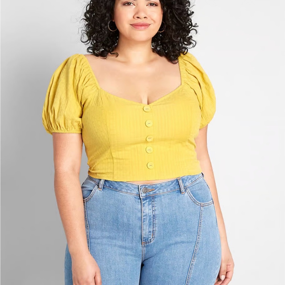 Modcloth Yellow Puff Sleeve Crop Blouse